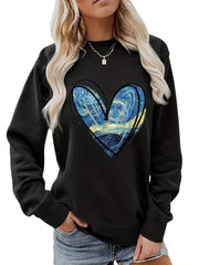 Heart Print Sweatshirt Crew Neck Long Sleeve for Fall & Winter