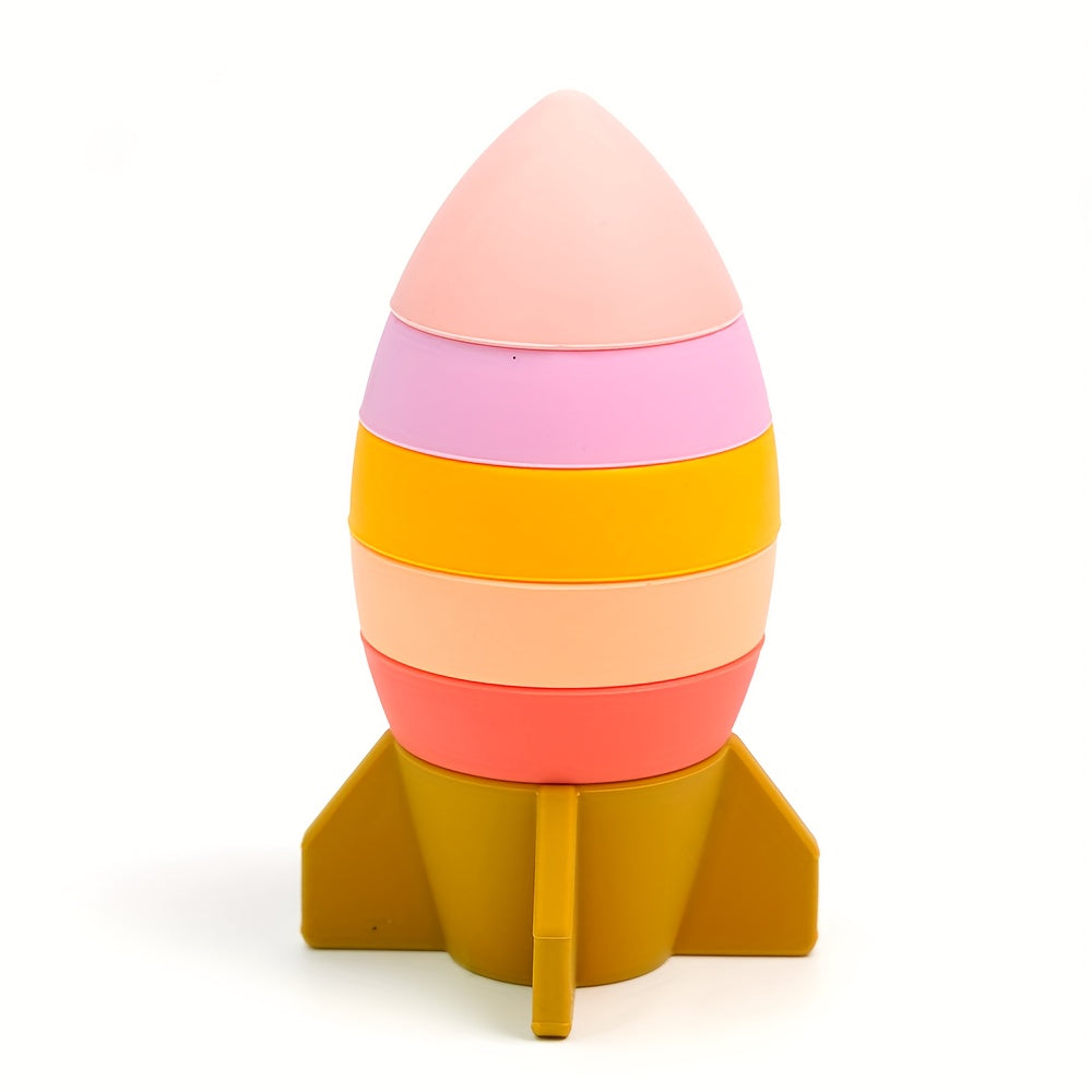 Silicone Stacking Toys for Kids Rocket Building Blocks Pink & Yellow