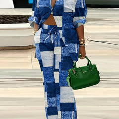 Colorblock Denim Print Shirt & Pants Set