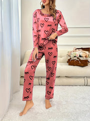 Heart & Eyelash Print Long Sleeve Pajamas 2 PC Set