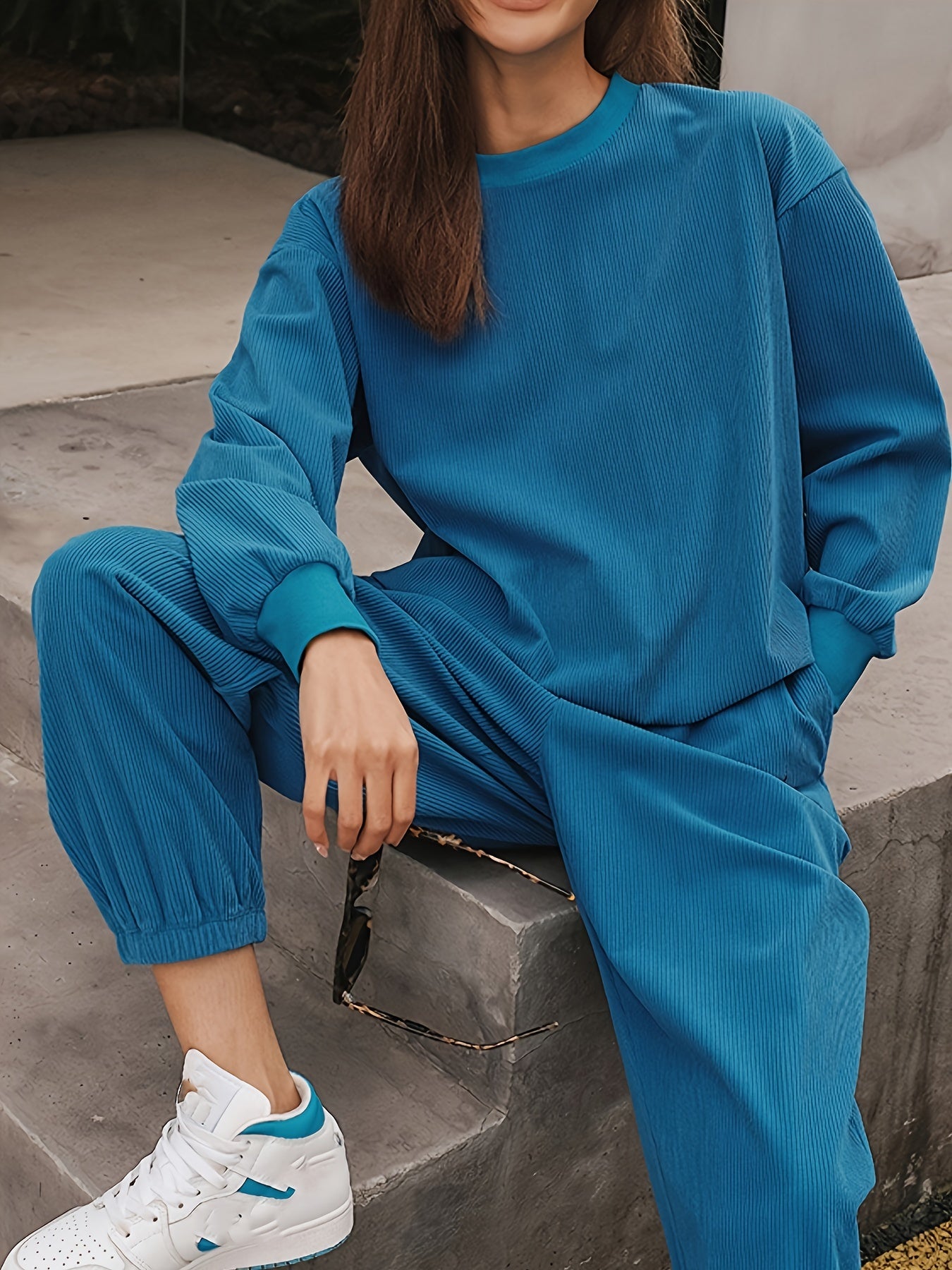 Solid Corduroy Sweatshirt & Joggers Set