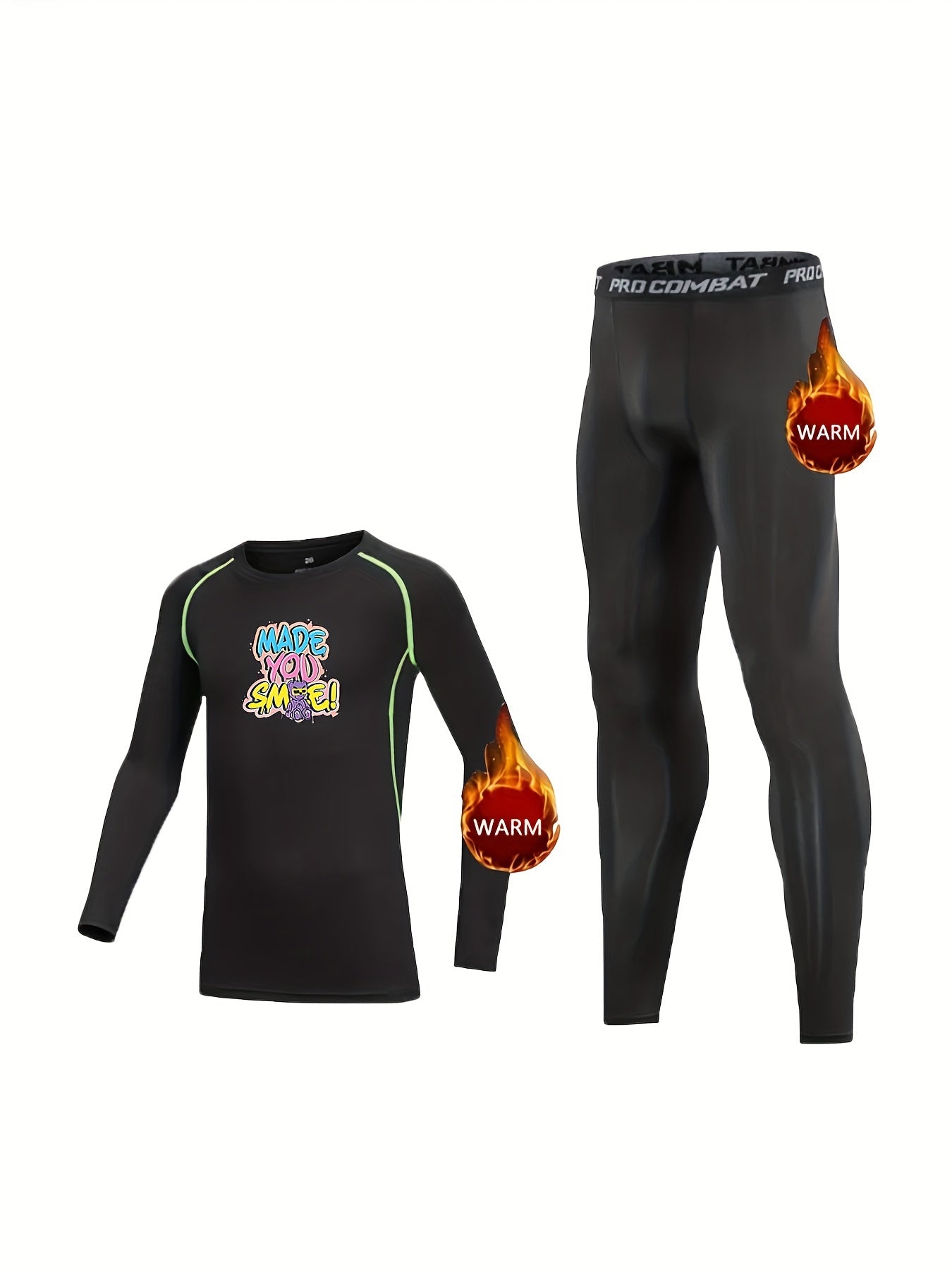 Kids Fleece Lined Compression Base Set Smile Print Top & Legging