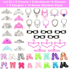 42pcs Doll Clothes Set: 10 Dresses, 10 Shoes, 6 Necklaces, 6 Crowns