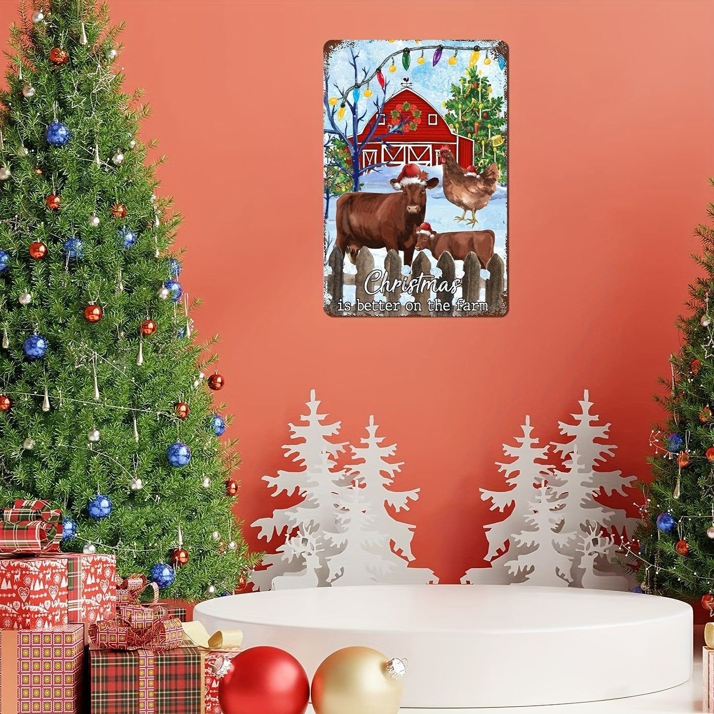 Cattle With Santa Hat Christmas Metal Sign Bells Tie Green Stripe Tin Sign