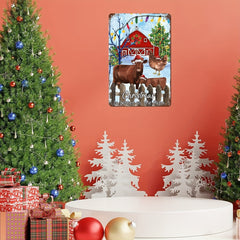 Cattle With Santa Hat Christmas Metal Sign Bells Tie Green Stripe Tin Sign