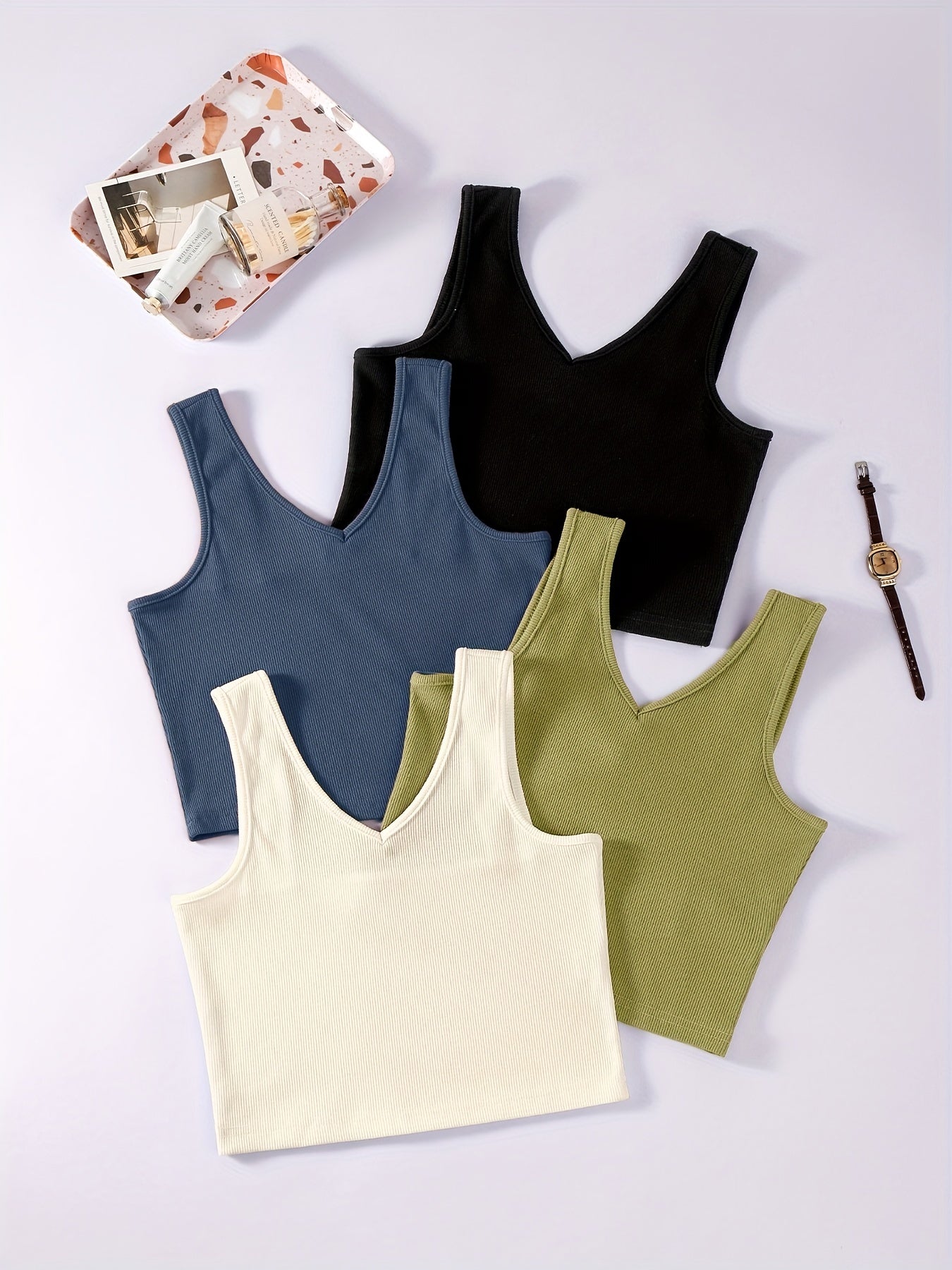 Basic V Neck 4pcs Tank Top Sleeveless Summer Tank Top Women's Clothing