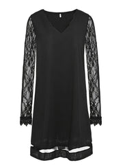Solid V Neck Lace Long Sleeve Dress Women's Clothing
