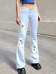 Golden Star Embroidery Flare Leg Jeans Y2K Bell Bottoms