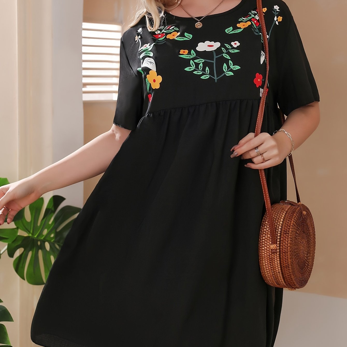Casual Dress Women's Plus Floral Print Short Sleeve Loose Fit Dress