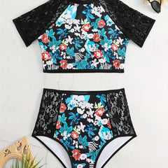 Tropical Print Tankini Set with Lace Crop Top & Panty