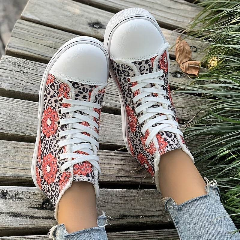 Floral & Leopard Print High Top Canvas Sneakers Lace Up Skate Shoes