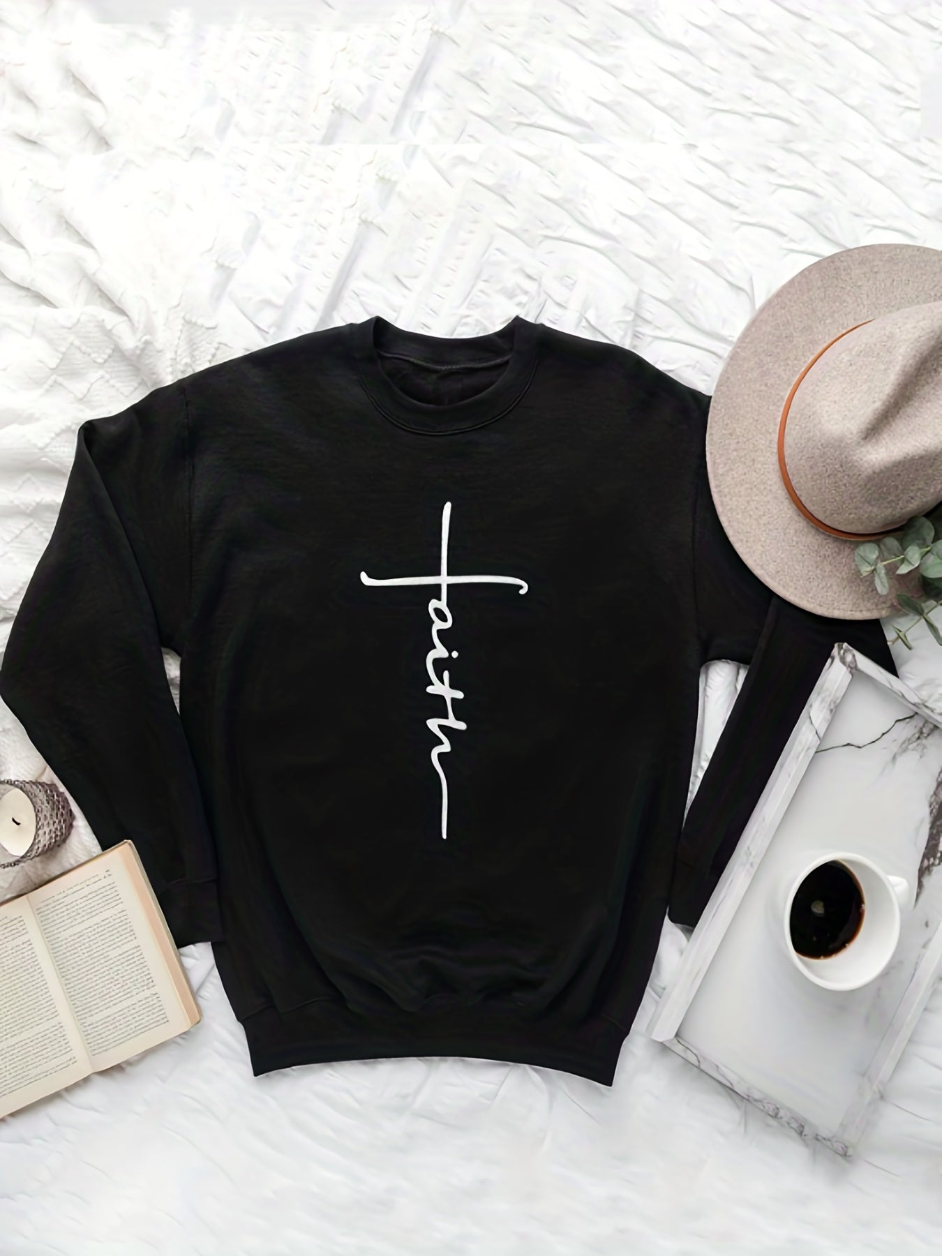 Faith Print Pullover Sweatshirt Long Sleeve Crew Neck Sweatshirt