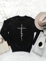Faith Print Pullover Sweatshirt Long Sleeve Crew Neck Sweatshirt
