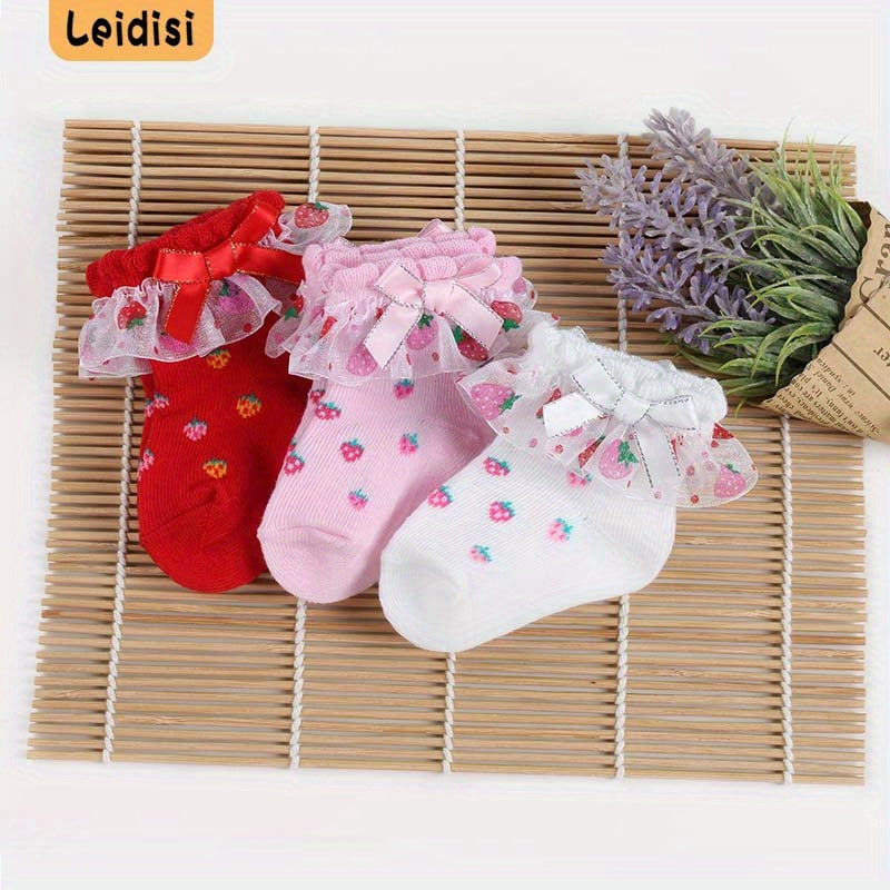 3 Pairs Baby Girl Lace Socks Strawberry Pattern Bowknot Socks