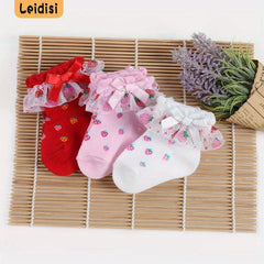 3 Pairs Baby Girl Lace Socks Strawberry Pattern Bowknot Socks
