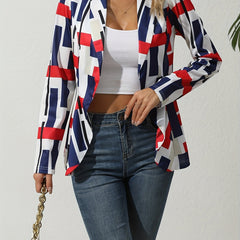 Geo Print Open Front Blazer Vintage Lapel Long Sleeve Blazer