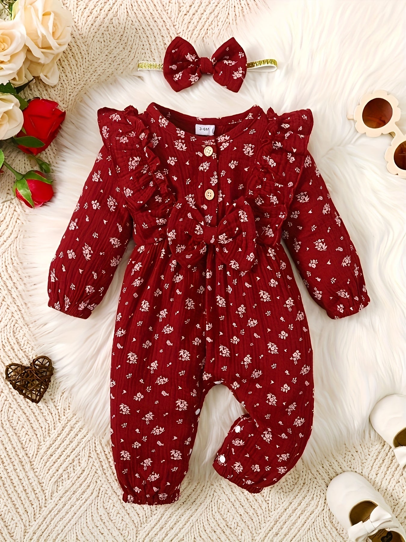 2pcs Baby Girl Long Ruffled Sleeve Bow Bodysuit With Bandana