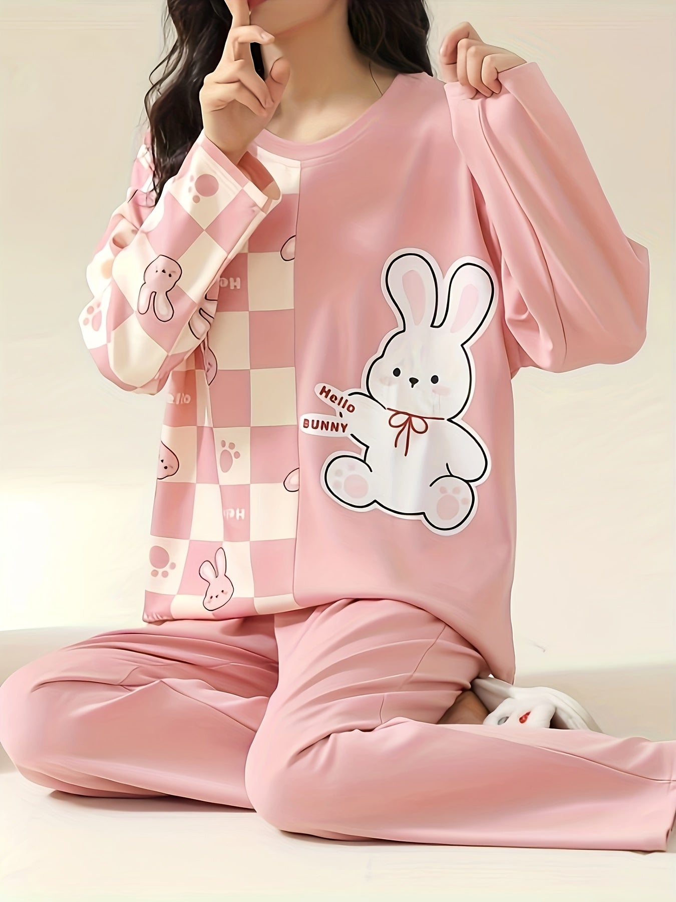 Bunny Print Pajama Set Long Sleeve Top & Pants Women's Sleepwear