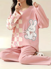 Bunny Print Pajama Set Long Sleeve Top & Pants Women's Sleepwear