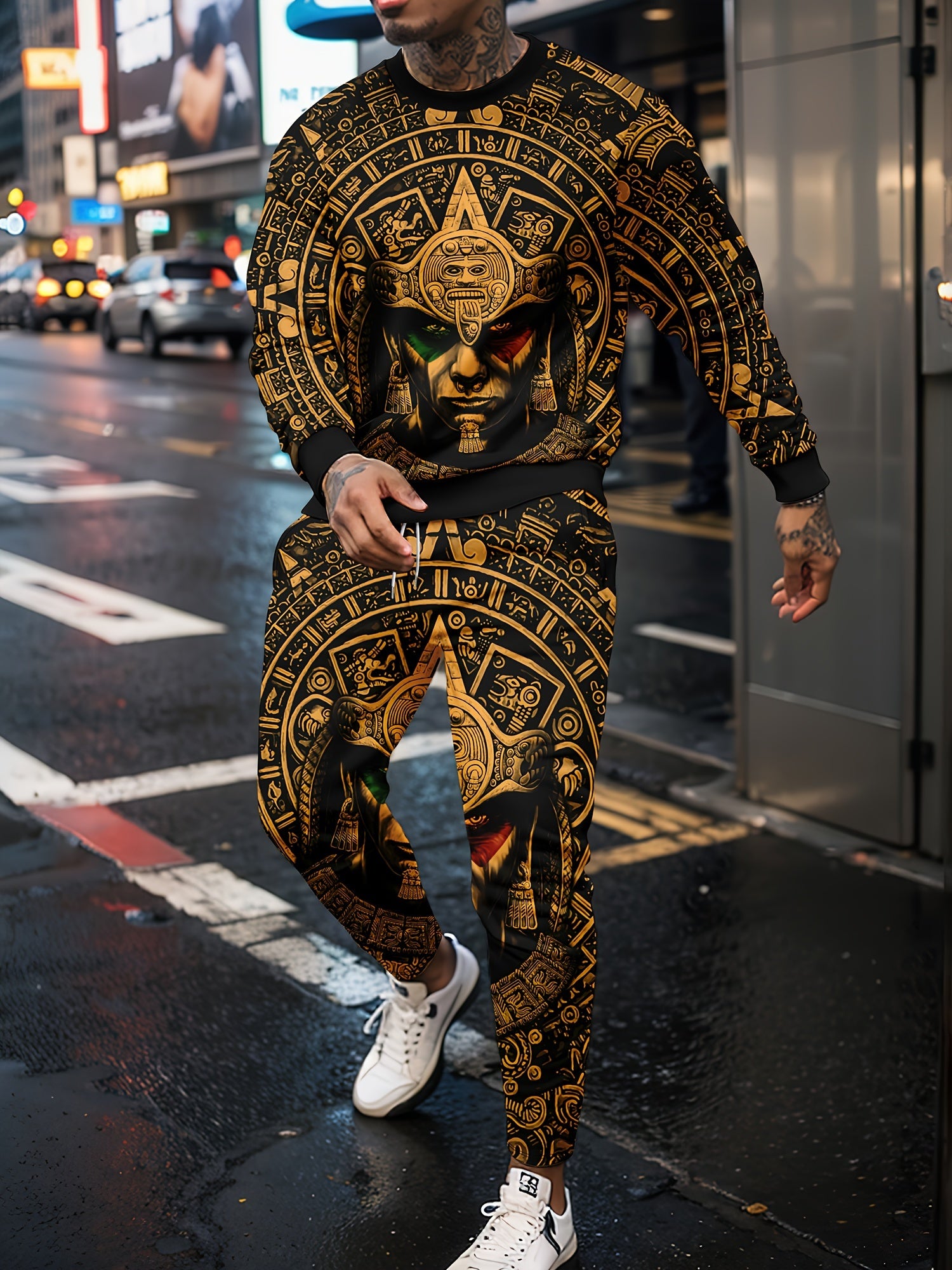 Men's Printed Crew Neck Sweatshirt Stretch Joggers Set