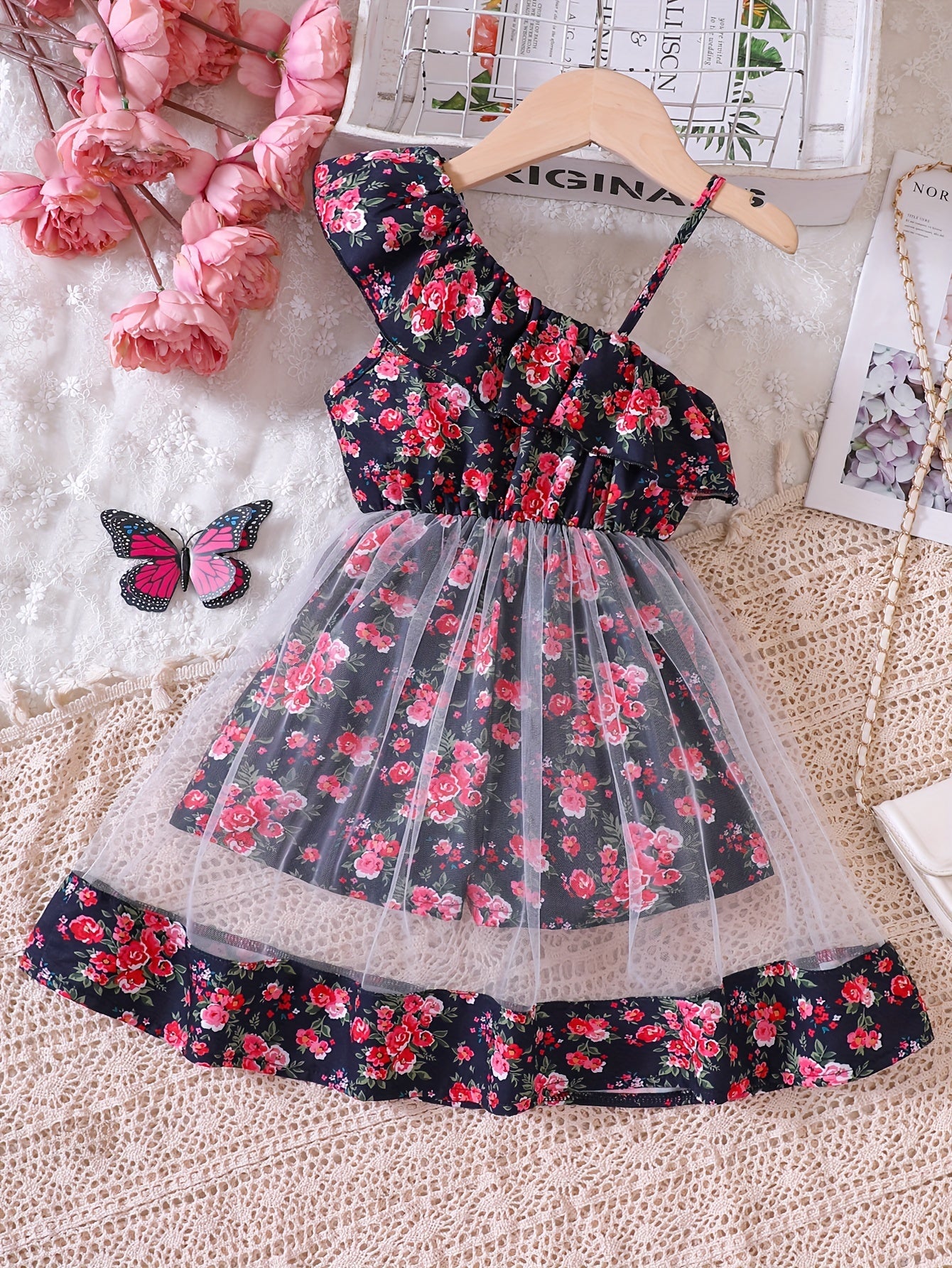 Toddler Girls Ruffle Trim Flowers Graphic Rompers Jumpsuits