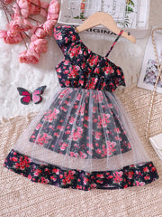 Toddler Girls Ruffle Trim Flowers Graphic Rompers Jumpsuits
