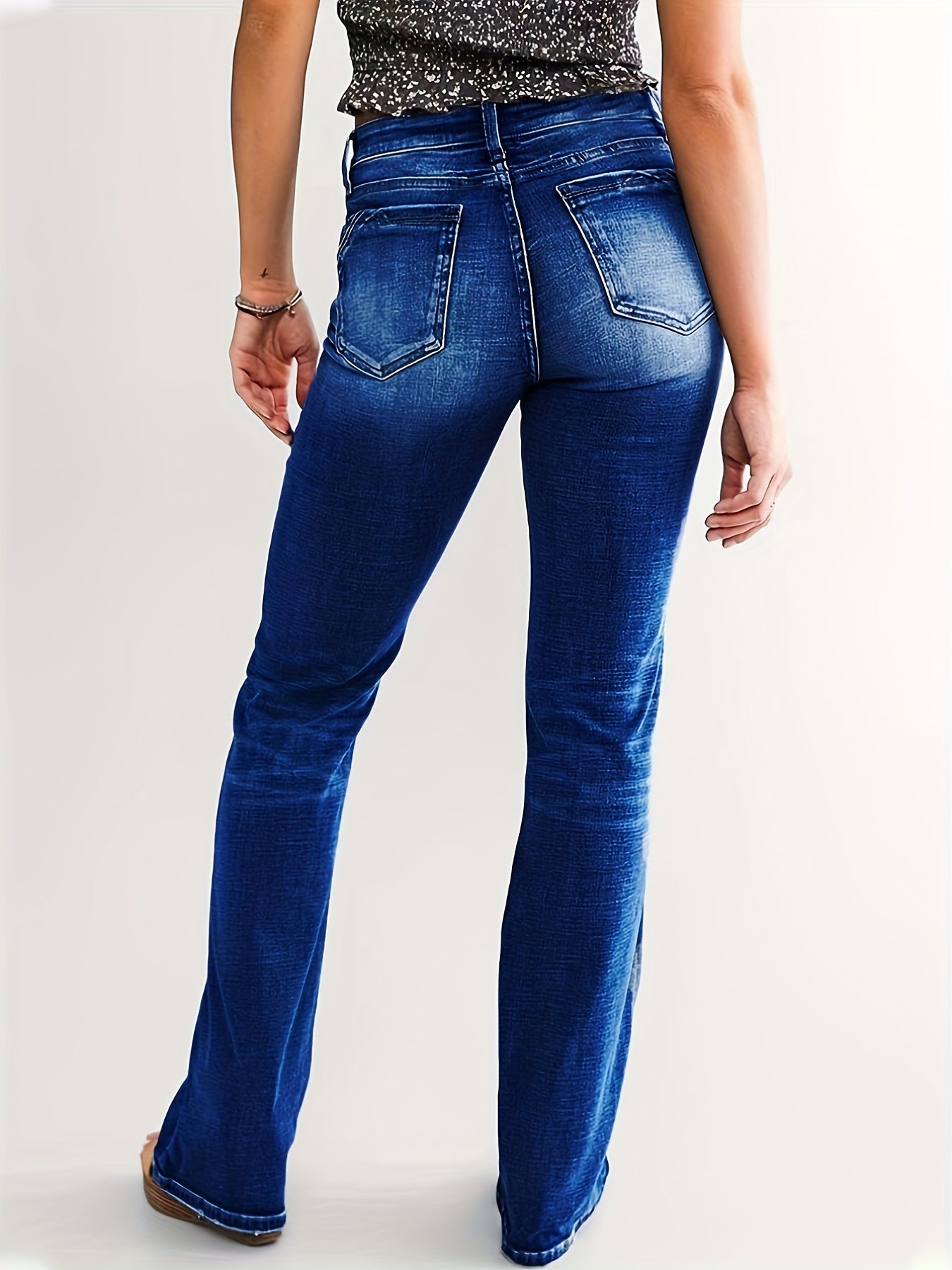 High Stretch Flared Jeans Wide Legs Slash Pockets Bell Bottom Denim Pants