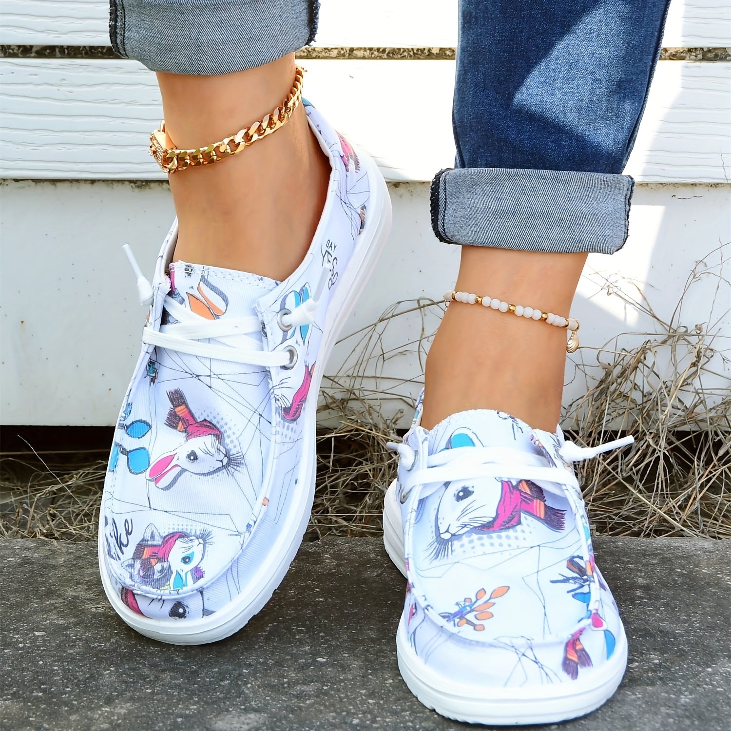 Women's Cartoon Rabbit Boat Shoes Lace Up Canvas Lightweight Walking Shoes