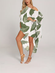 Leaf Print Cover Up Dress One Shoulder Loose Fit Asymmetrical Beachwear Kaftan