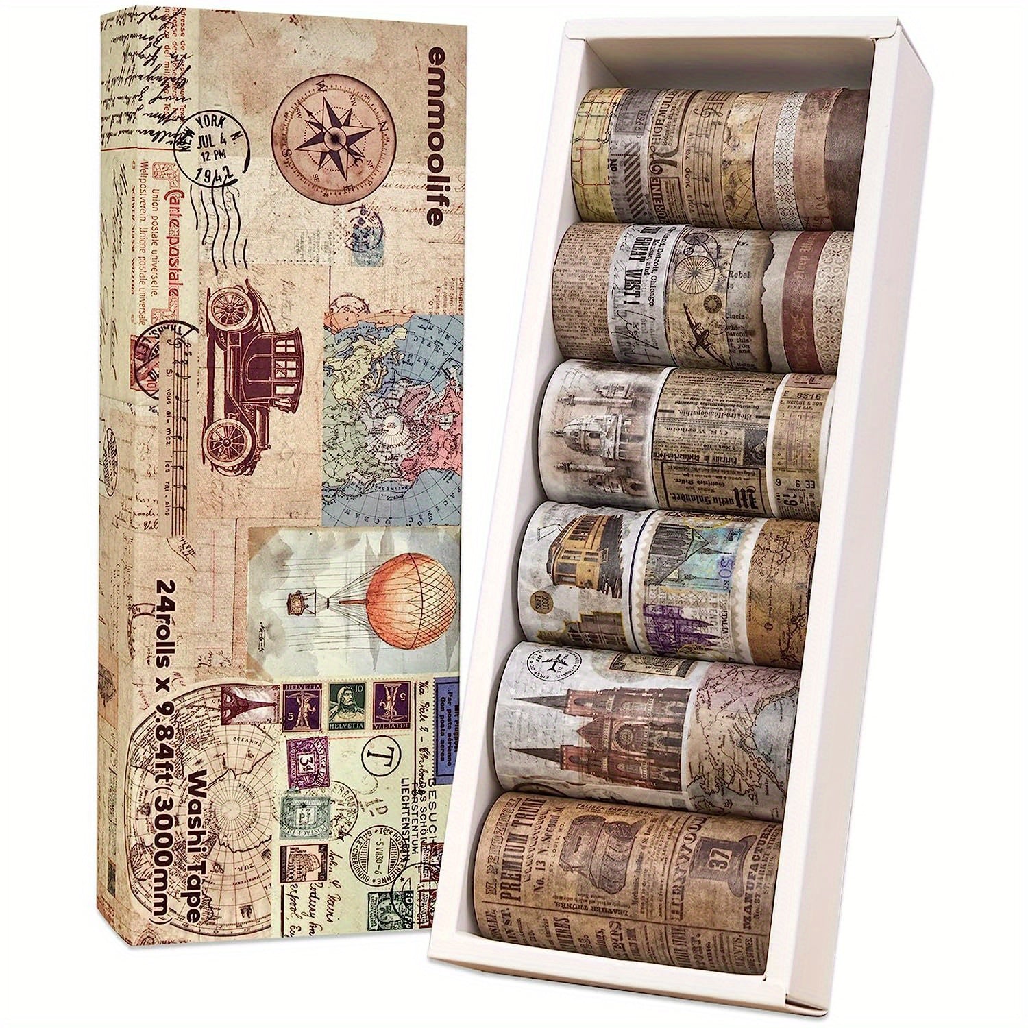 Vintage Washi Tape Set Antique Car Buildings Map Stripe Writable Washy Tapes