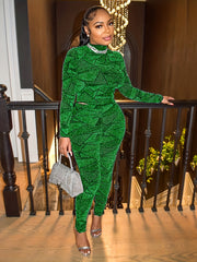Geometric Print Bodycon 2pc Set Turtle Neck Long Sleeve Top & High Waist Stretch