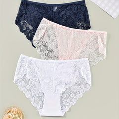 3 Pack Plus Size Panties Set Women's Plus Floral Lace Mid Rise Romantic Briefs