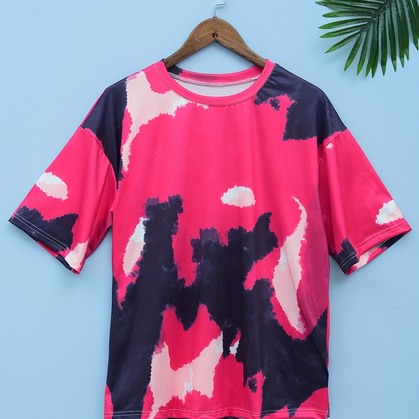 Pink Print Loose Short Sleeve T-Shirt for Sports Fitness Yoga Running