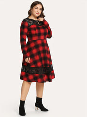 Retro Dress Women's Plus Lace Long Sleeve Round Neck Dress