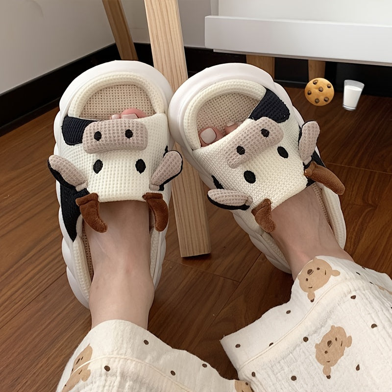 Women's Cow Plush Slippers Comfy Open Toe Slides Anti-slip Home Shoes
