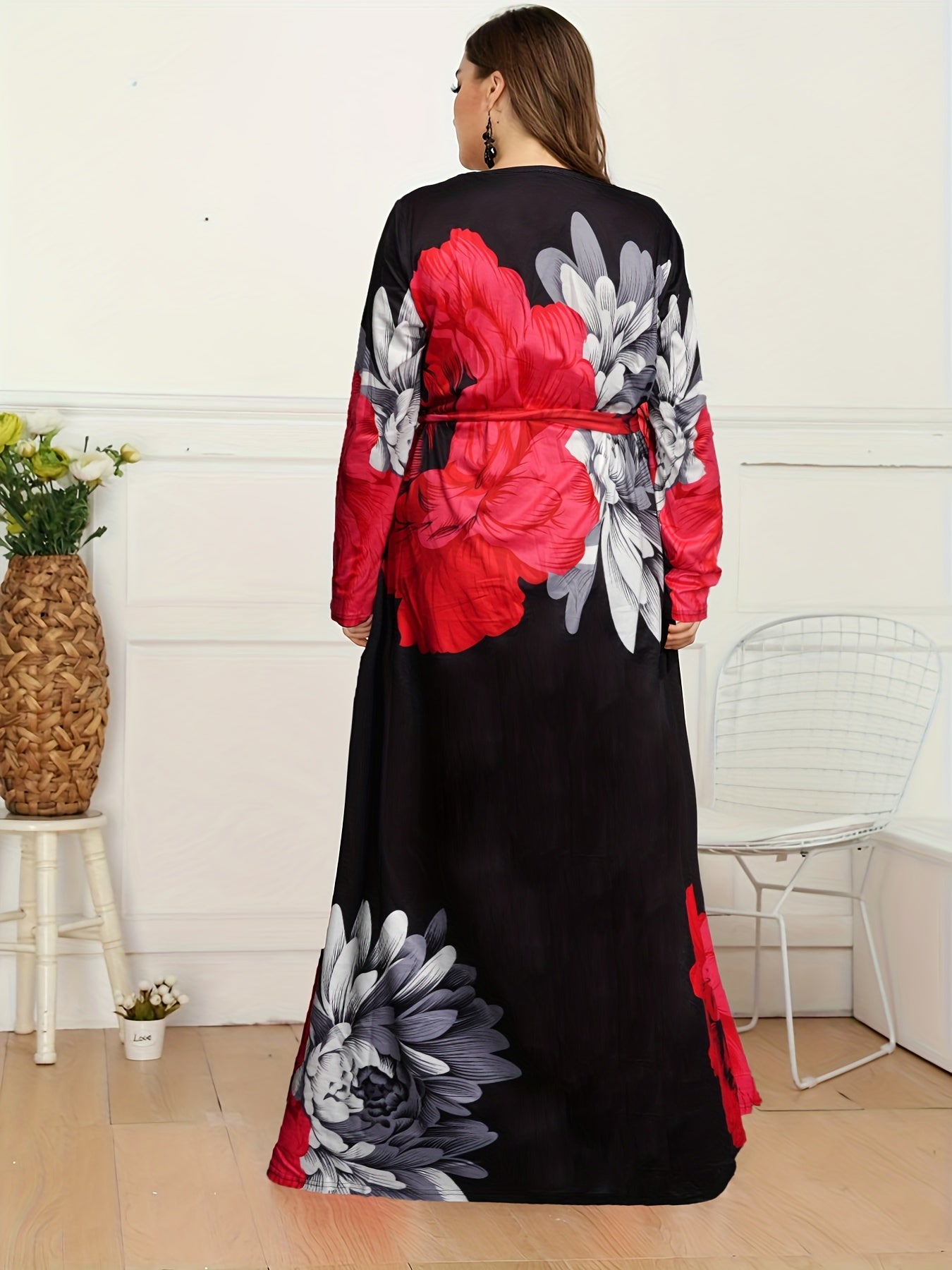 Casual Floral Print V Neck Maxi Dress With Belt