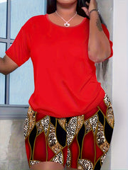 Casual Solid Top & Print Shorts Set Women's Outfit
