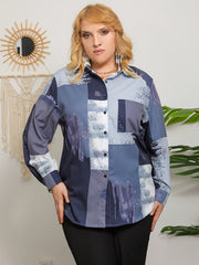 Colorblock Print Long Sleeve Button Up Blouse