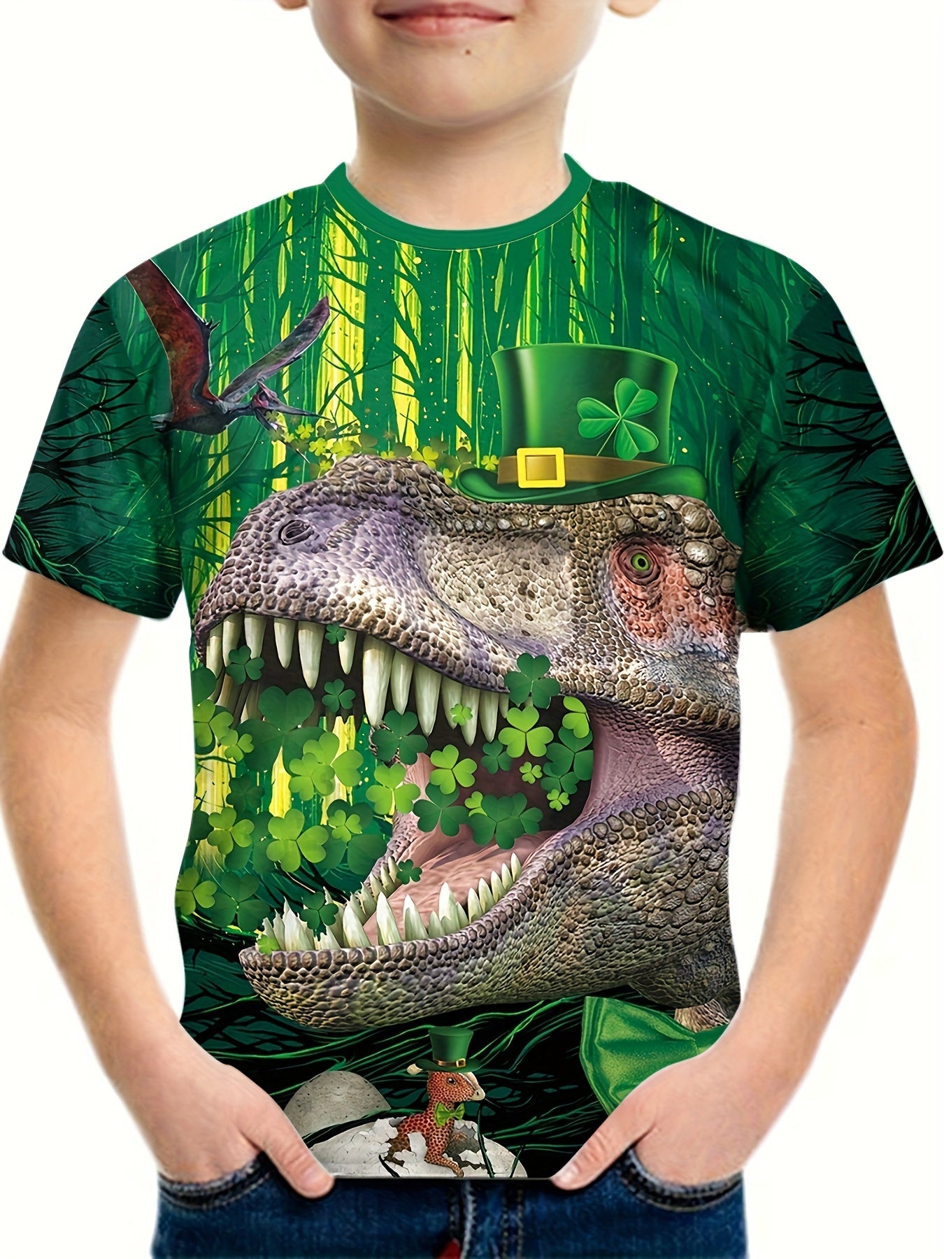 St Patrick's Dino 3D Print Boy's T Shirt Breathable Loose Round Neck