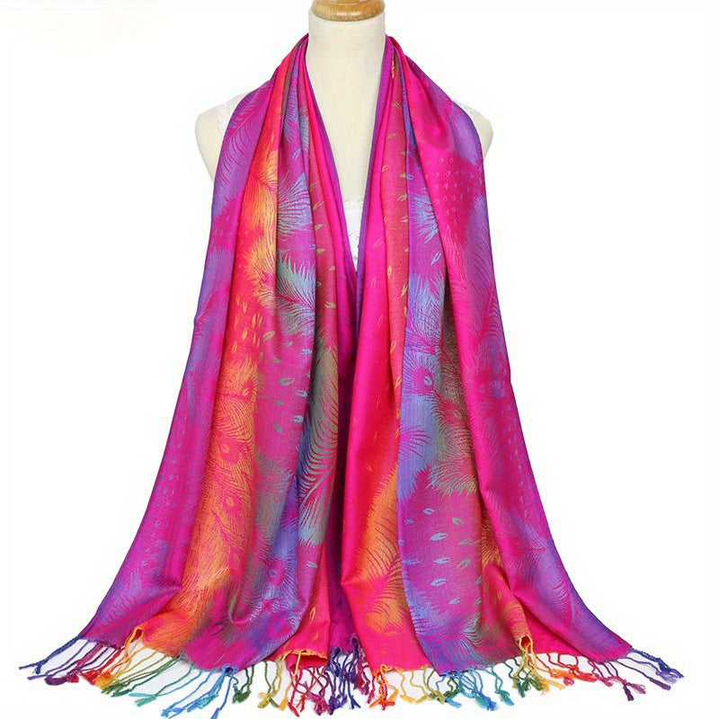 Peacock Jacquard Tassel Scarf Gradient Shawl Casual Headwrap Hijab