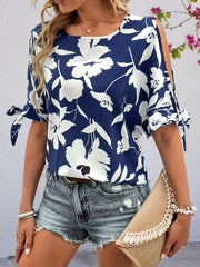 Floral Print Knotted Blouse Split Short Sleeve Crew Neck