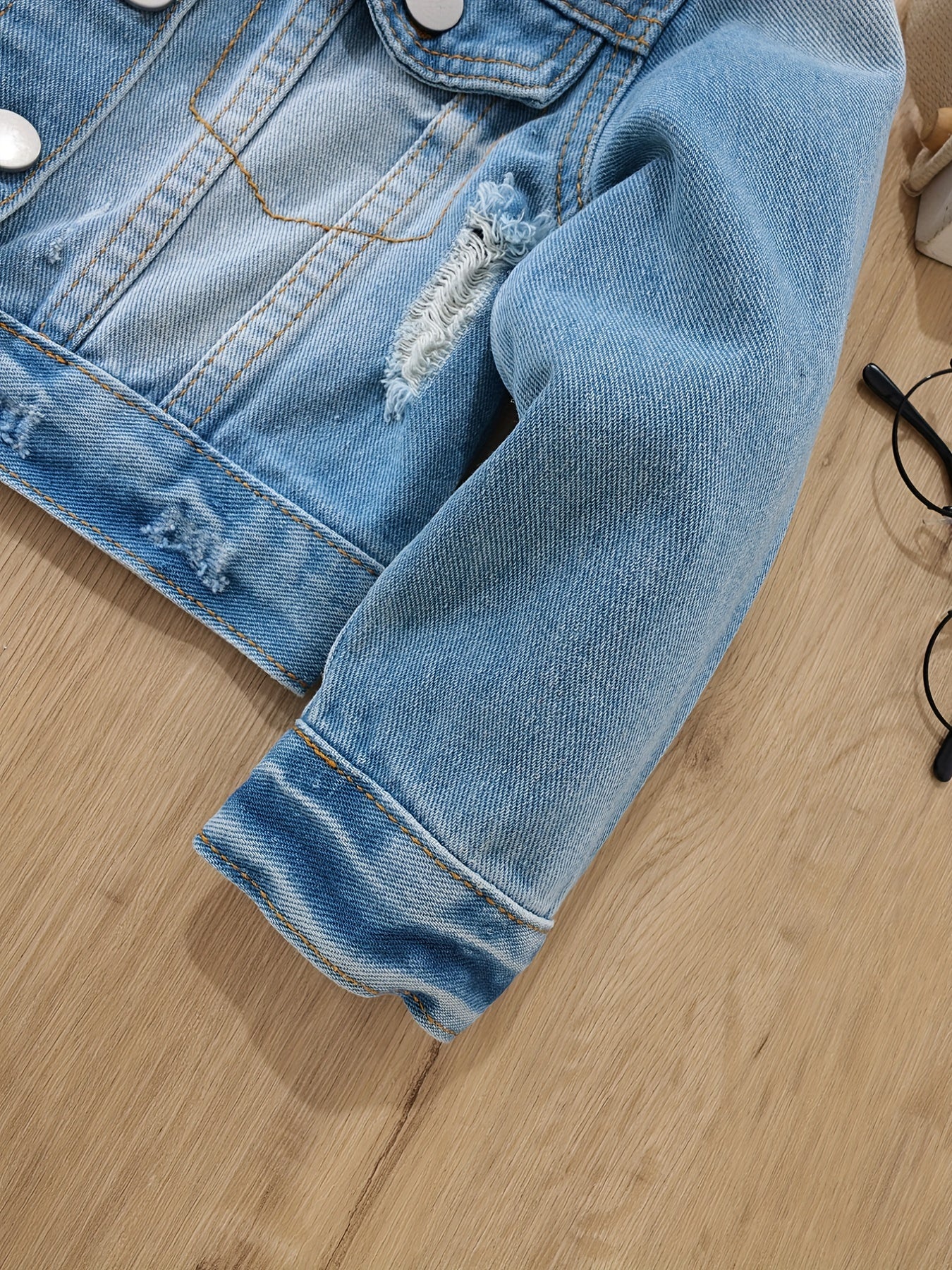 Girls Ripped Denim Jacket Button Down Long Sleeve Coat