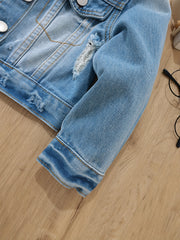Girls Ripped Denim Jacket Button Down Long Sleeve Coat