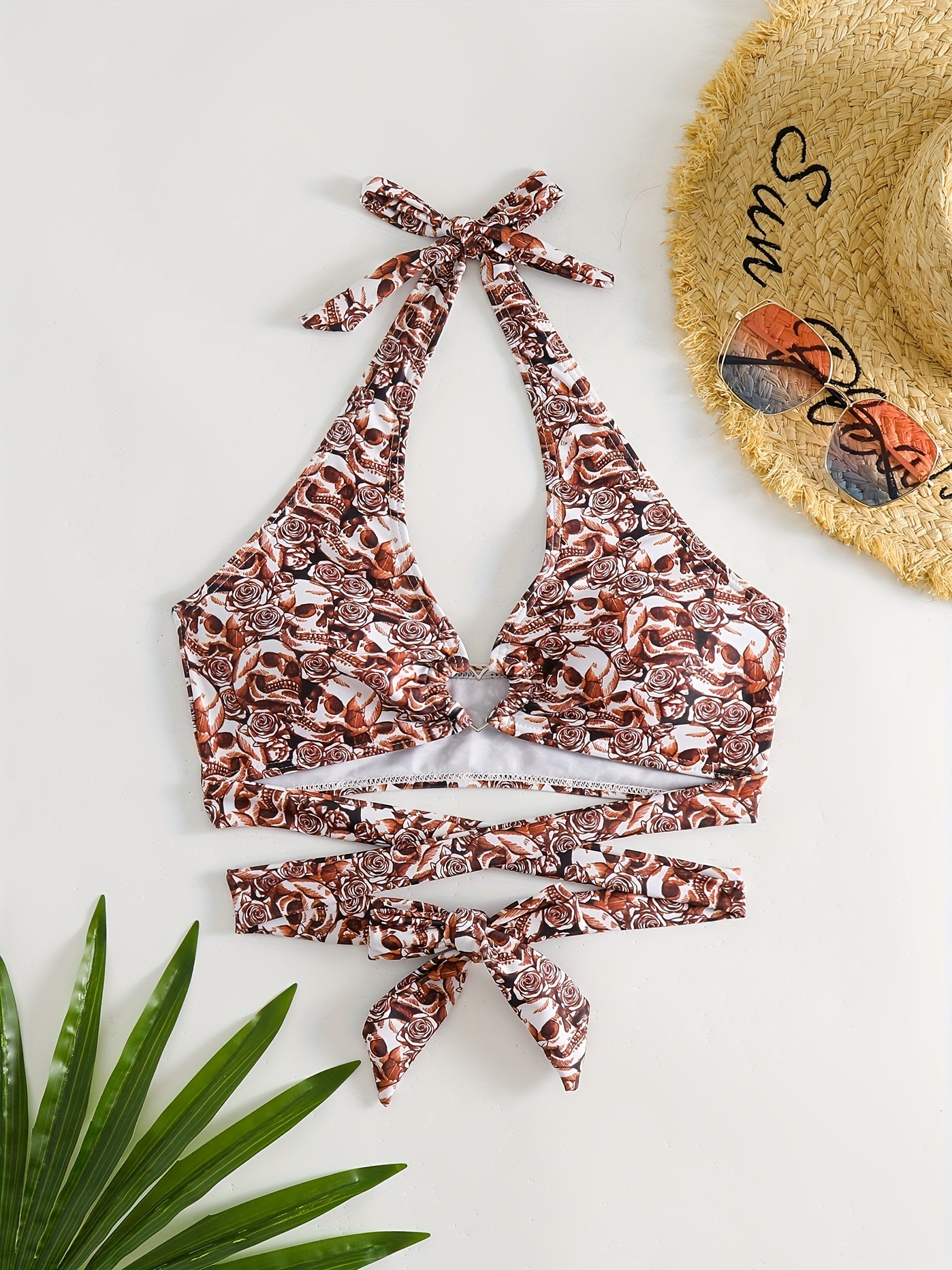 Skull Print Halter Neck Bikini Top