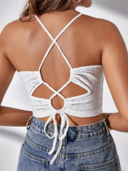 Eyelet Cross Back Halter Neck Crop Top Sleeveless Casual Summer Top