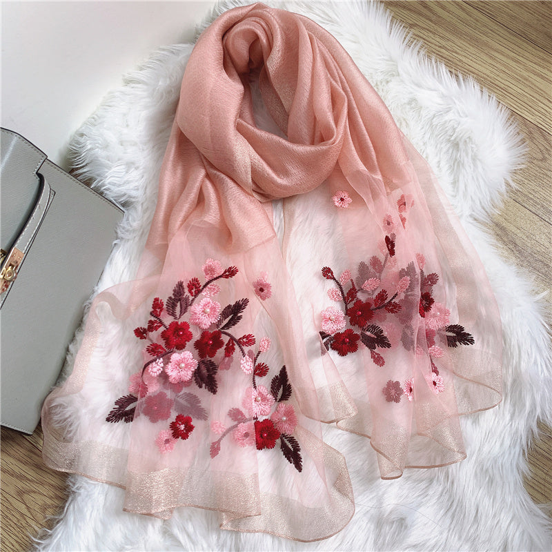 Silk Scarf Floral Embroidered Beaded Thin Scarves Shawl