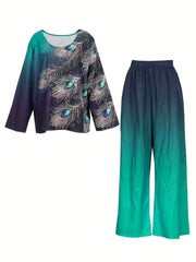 Ombre & Feather Print Tee & Pants Set