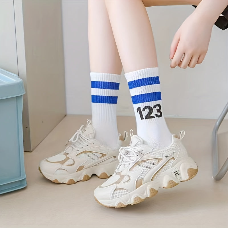 3 Pairs Letter Print Striped Socks Comfy & Breathable Street Sports Socks