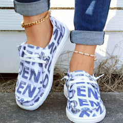 Women's Letter Pattern Boat Shoes Lace Up Casual Canvas Shoes