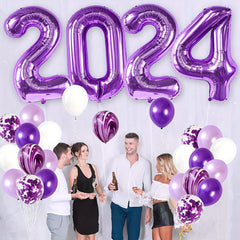 Purple Year Theme Party Balloons Set - 49pcs Number, Marble, Sequin Balloons